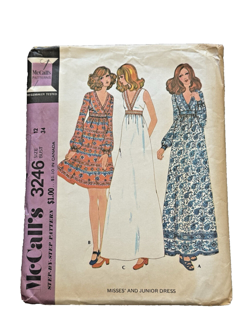 Vintage 1972 McCall’s 3246 Boho Maxi Dress Pattern Size 12 Bust 34 Empire
